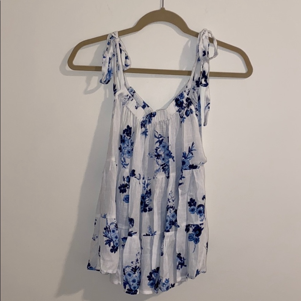 Aqua Floral Print Tiered Trapeze Top